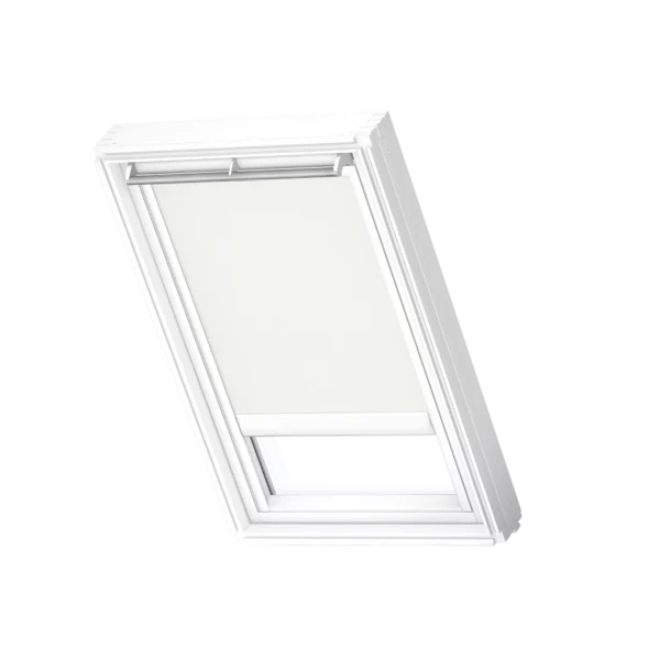 Elektryczna, półprzezroczysta roleta dekoracyjna VELUX RML z białymi prowadnicami RML F04 1028SWL