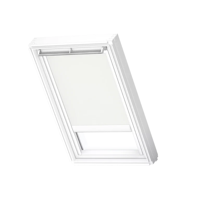 Elektryczna, półprzezroczysta roleta dekoracyjna VELUX RML z białymi prowadnicami RML F04 1028SWL
